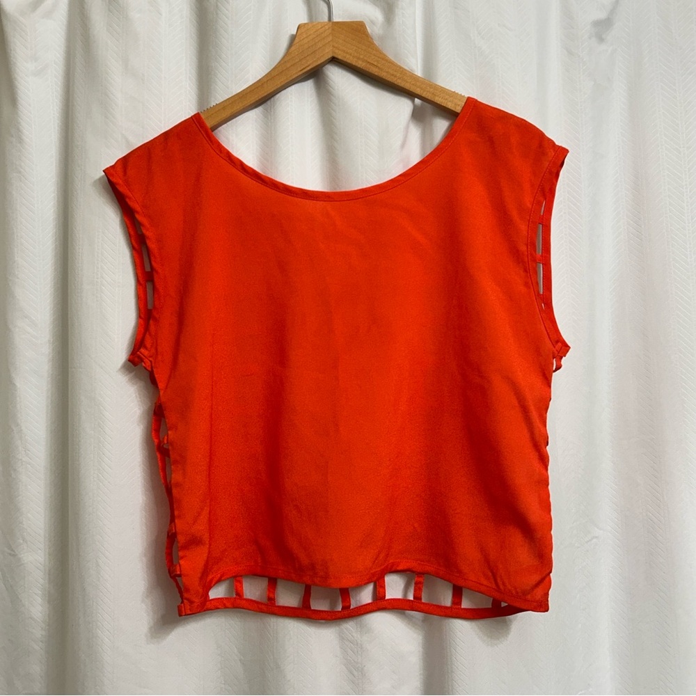 Bold Orange Sleeveless Blouse with Cage Mesh Pattern Open Back